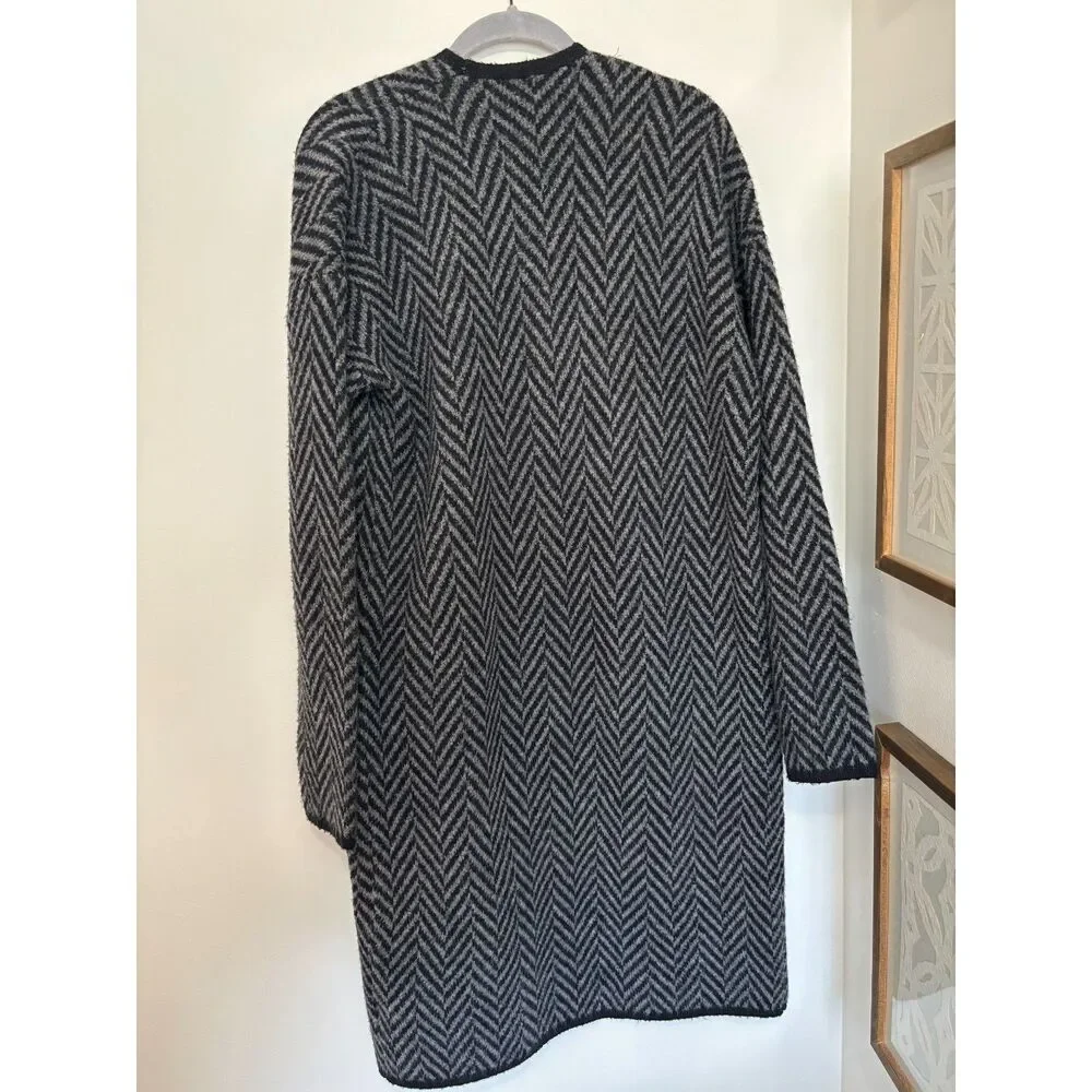 Mystree Herringbone Duster Cardigan Wool Blend Dark Academia Coat M Quiet Luxury